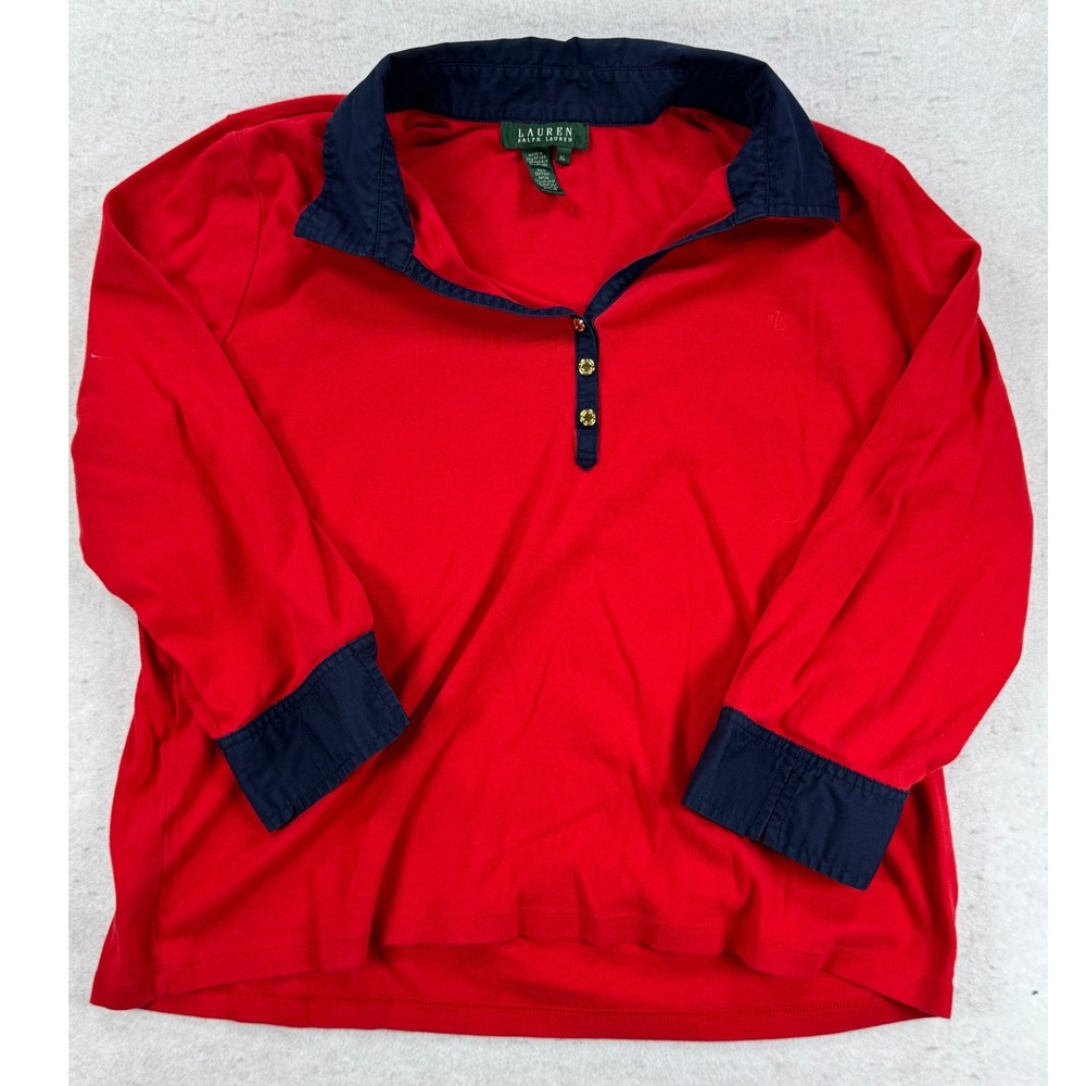 Lauren Ralph Lauren Red Navy Blue Contrast Polo Shirt XL Gold Crest Buttons - Picture 1 of 7